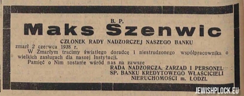 Obituary informing about the death of Maks Szenwic.